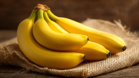 Bunch of Ripe Yellow Bananas on Rustic Burlap Fabric Backgroundの素材