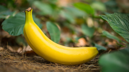 A bright yellow banana resting on the forest floor amidst blurred greenery.の素材