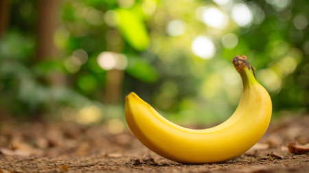 Single yellow banana resting gracefully on earth against a blurred green backdropの素材