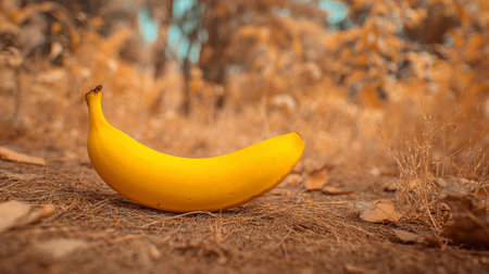 Yellow Banana on a Brown Autumnal Ground with a Blurred Backgroundの素材