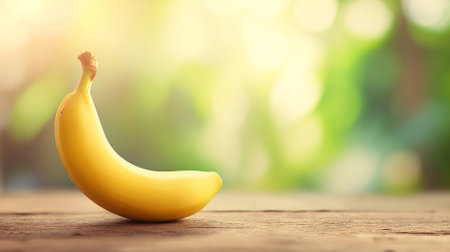Ripe Yellow Banana Resting on Rustic Wooden Surface with Blurred Backgroundの素材