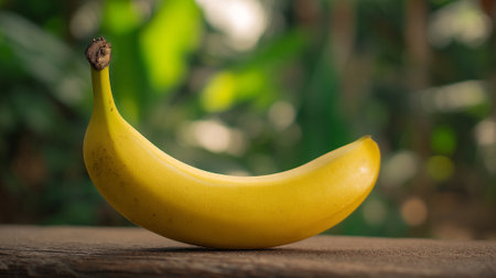Fresh Yellow Banana Lying on a Wooden Surface with a Green Backdropの素材