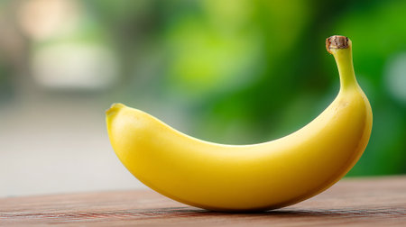Bright yellow banana resting on a wooden surface, against a blurred green backdrop.の素材