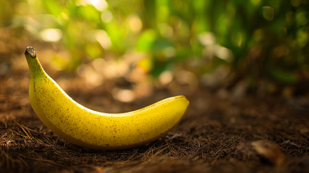 Ripe Banana on Forest Floor Bathed in Warm Sunlight, Appealing Food Imageの素材