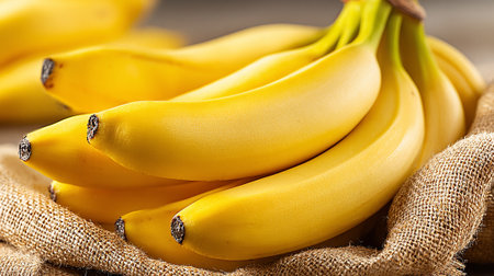 Bunch of Ripe Yellow Bananas on Rustic Burlap Fabric Backgroundの素材