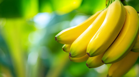 Ripe Bananas Bunch Hanging Against Tropical Green Foliage Backgroundの素材