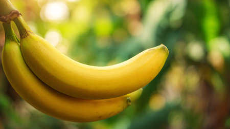 Ripe bananas hanging naturally with a blurred green background under sunlight.の素材