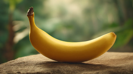 Perfectly Ripe Banana on Textured Surface, Natural Light and Green Backdrop.の素材