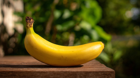 Perfectly Ripe Banana Resting on a Rustic Wooden Surface Outdoorsの素材