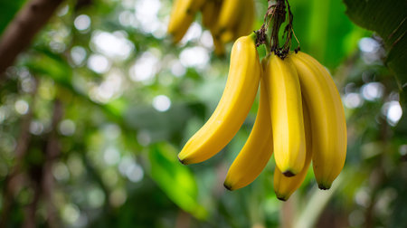 Vibrant Bananas Hanging from Tree in Tropical Setting, Exotic Fruitの素材