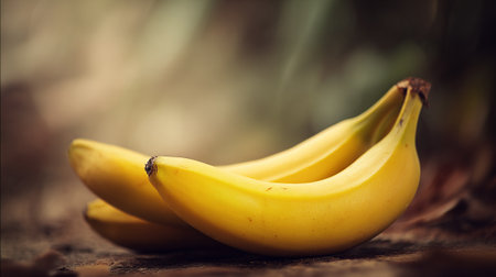 Bright yellow bananas resting on a rustic surface under soft natural light.の素材