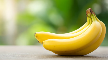 Fresh bunch of bananas on a table with a blurred natural backgroundの素材