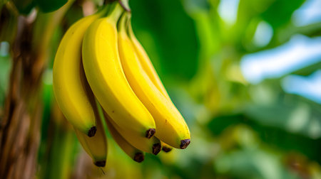 Ripe bananas hanging on tree with lush green foliage backgroundの素材
