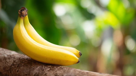 Ripe yellow bananas lying on rustic wooden surface with a nature backdropの素材