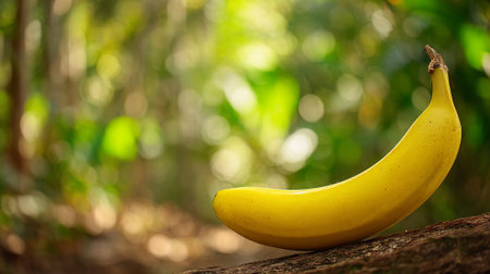 Single yellow banana sitting on a rustic branch in the jungleの素材