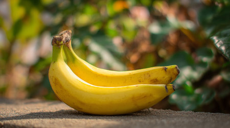 Vibrant Yellow Bananas Resting in Natural Sunlight, a Tropical Fruit Still Lifeの素材