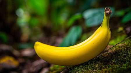 A vibrant yellow banana resting peacefully on a bed of green moss.の素材