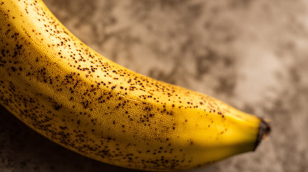 Ripe banana displaying speckled skin, an almost too ripe tropical fruit closeup.の素材