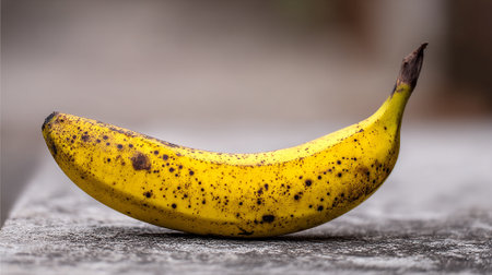 A Ripe Banana With Freckles Resting on a Concrete Surfaceの素材