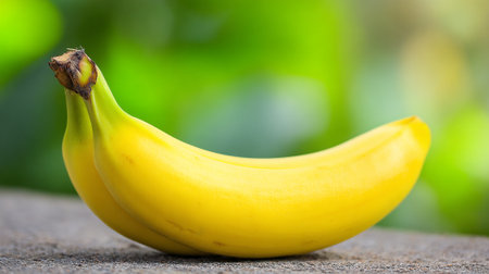 Two bright yellow bananas against a soft green bokeh backgroundの素材