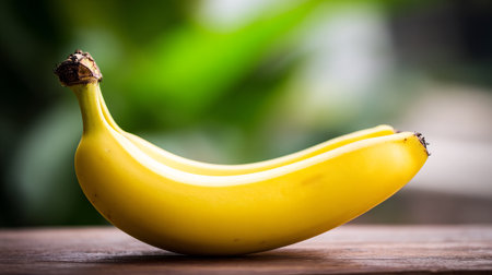 Ripe yellow bananas arranged on rustic wooden table with vibrant green backgroundの素材