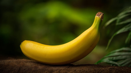 Ripe yellow banana resting elegantly on a dark brown surface outdoors.の素材