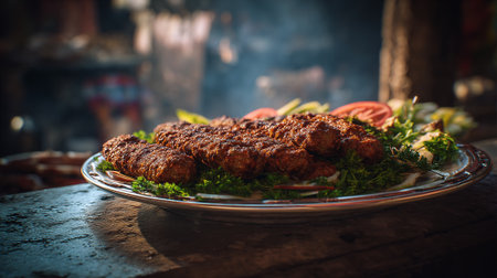 Delicious grilled kofta kebab served on an ornate platter with fresh greens.の素材