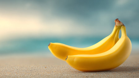 Fresh yellow bananas resting peacefully on sandy beach with the ocean backdrop.の素材