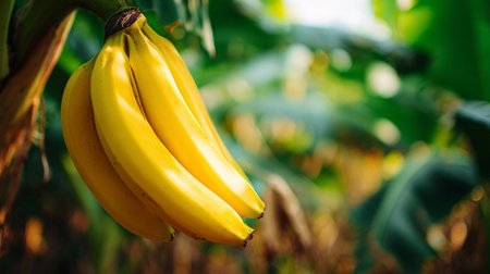 Bunch of Ripe Yellow Bananas Hanging on the Tree in a Tropical Farmの素材