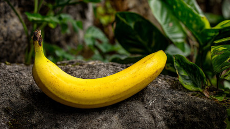 Bright yellow banana resting on a rugged rock with jungle foliage behind.の素材