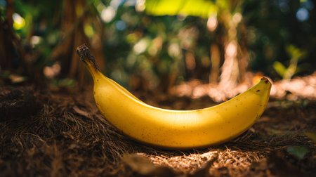 A vibrant yellow banana resting outdoors on a bed of dried foliage.の素材