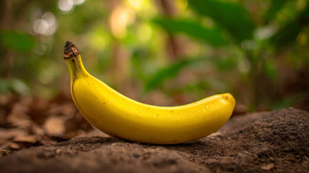 Isolated ripe yellow banana outdoors against leafy green natural background.の素材