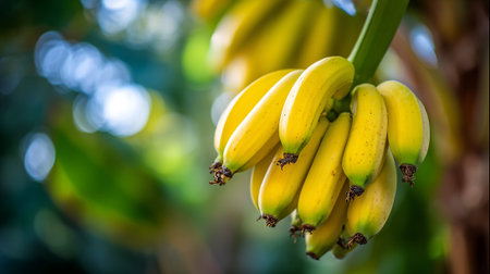 Abundant Banana Bunch Hanging on a Tree Branch in Vibrant Colorの素材