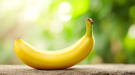 Captivating yellow banana resting on a surface with bright, natural backdropの素材
