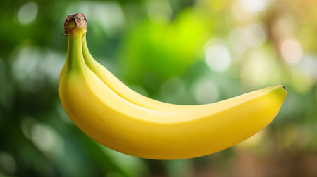 Ripe yellow bananas bunch against blurred green foliage for tropical vibes.の素材