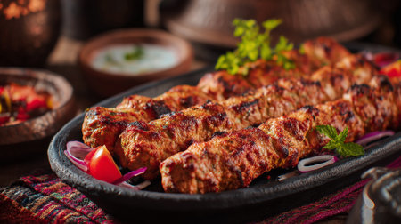 Shish kebab on skewers with herbs and sauce.の素材