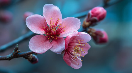 Delicate pink blossom with water droplets in a soft springtime lightの素材