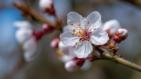 Spring Blossom: Delicate White Flower with Buds on a Branchの素材