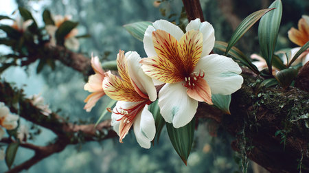 Elegant Peruvian Lilies Blossoming on Mossy Branch in Soft Light.の素材