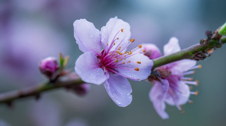 Delicate Pink Blossoms with Water Droplets in Soft Focus Macroの素材