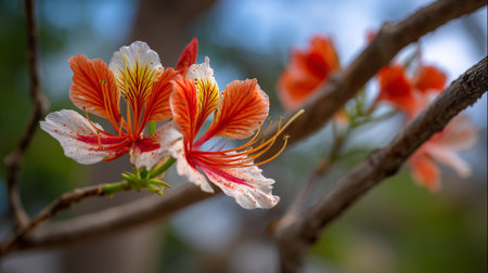 Vibrant Peacock Flower Blossom with Striking Colors and Delicate Detailsの素材