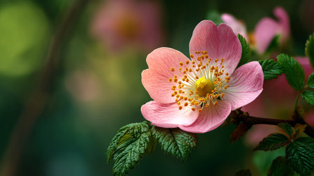 Serene Pink Rose Blossom with Lush Green Leaves Close Upの素材