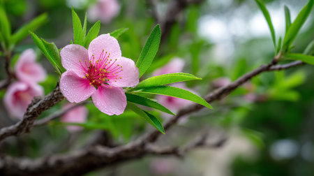 Delicate Peach Blossom in Bloom, Featuring Soft Light and Water Dropletsの素材