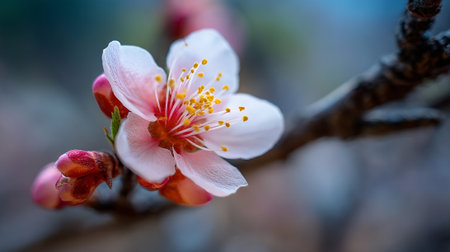 Delicate Pink Blossom Opening on a Branch in Early Springの素材