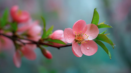 Delicate Pink Flower Blossoms with Water Droplets in Springの素材