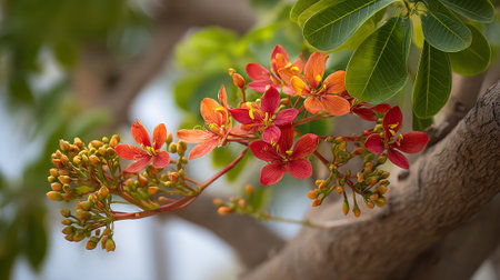 Delicate orange and red flowers blooming beautifully on a tropical tree.の素材