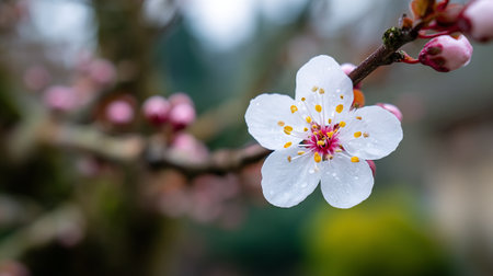 Delicate White Blossom with Pink Center on a Branchの素材