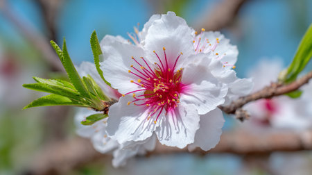 Elegant Close-Up of a Delicate White Almond Blossom in Springtimeの素材