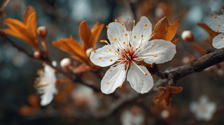 Delicate White Blossom with Golden Leaves on a Branch in Springの素材