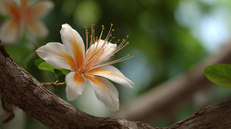 Delicate White and Orange Flower Blooming on a Tree Branchの素材